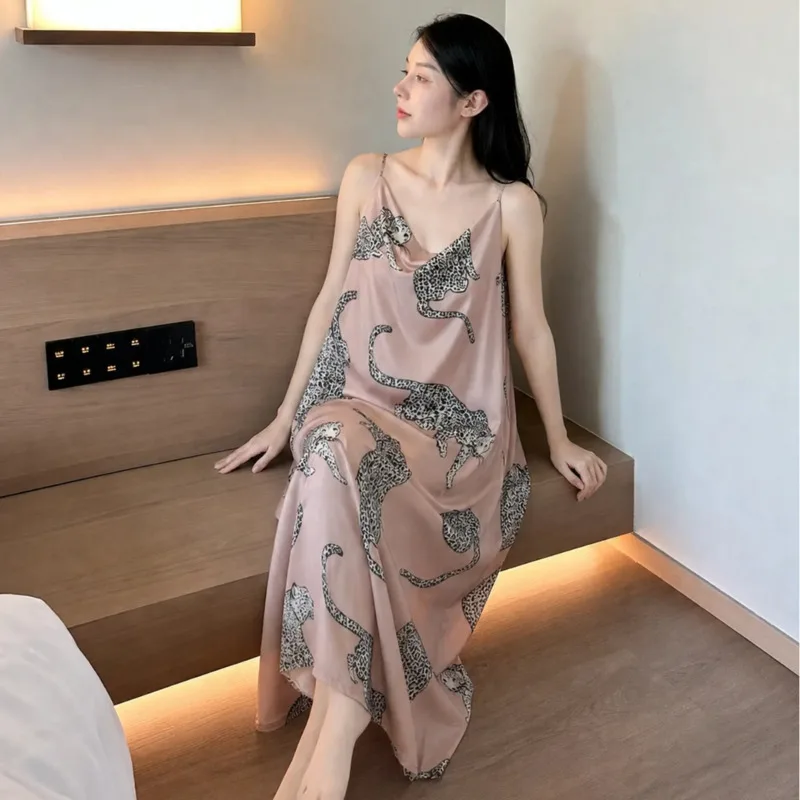 Classic Luxury Ice Silk Women Pajamas 26 New Leopard Print Black Spliced Dress Slip Camisole Long Nightdress Sleepwear Nighty
