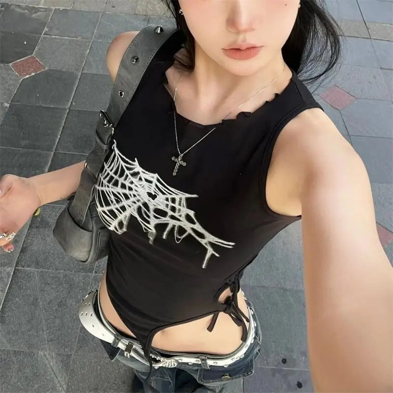 Summer Spider Web Print Tank Tops Aesthetic Hollow Out Bandage Punk Vest Irregular Women Causal Basic Y2k Streetwear Crop Top