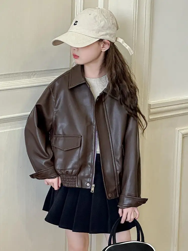 New Girls Brown Coat 2024 New Fall Leather Jacket Eight Spring Short Leather Jacket Simple Casual Coat European Fashion Style