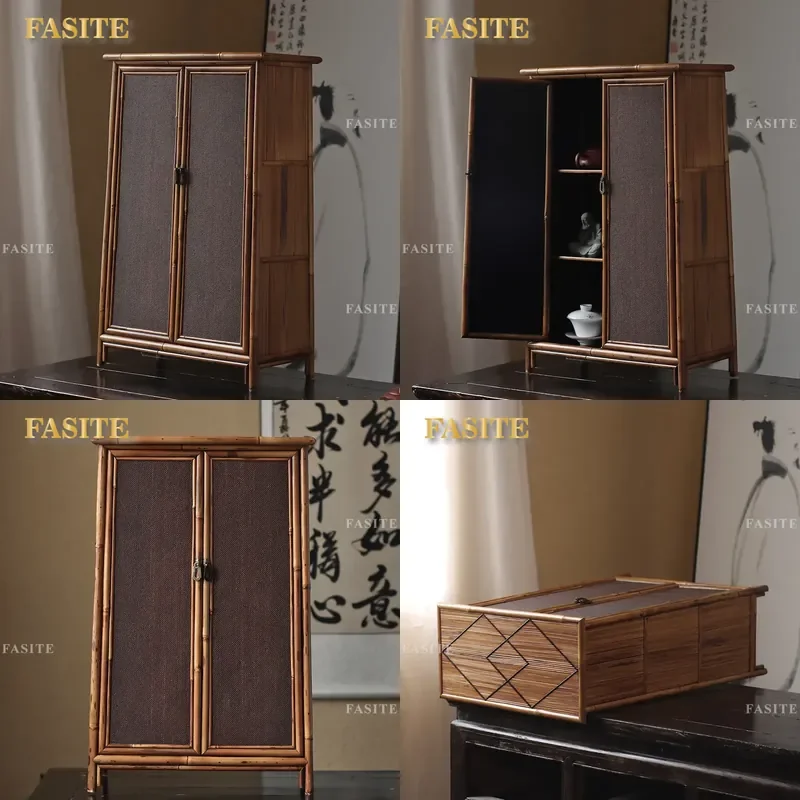 For Imitation Song Dynasty Large Floor to Ceiling Tea Set Storage Cabinet Ancient Handmade Phoenix Eye Bamboo Furniture