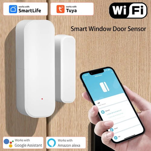 Imagen 1 del producto Tuya-Sensor de puerta y ventana WiFi, Detector de puerta inalámbrico, alarmas, aplicación remota Smart Life, Control, funciona con Alexa, Google Home, hogar inteligente