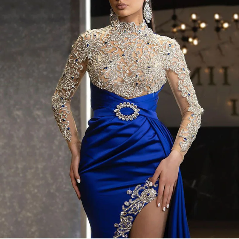 Spring and Summer New European and American Women's Clothing Blue Gold round Neck Dress Patchwork Evening Long Dress