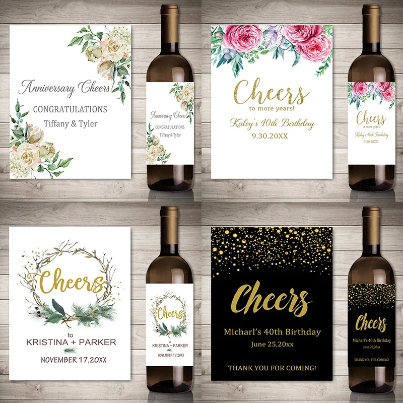 Custom Wine Bottle Wrap Label Stickers Personalized Any Text Stickers Cheers Theme Wedding Birthdays Parties Anniversary Labels