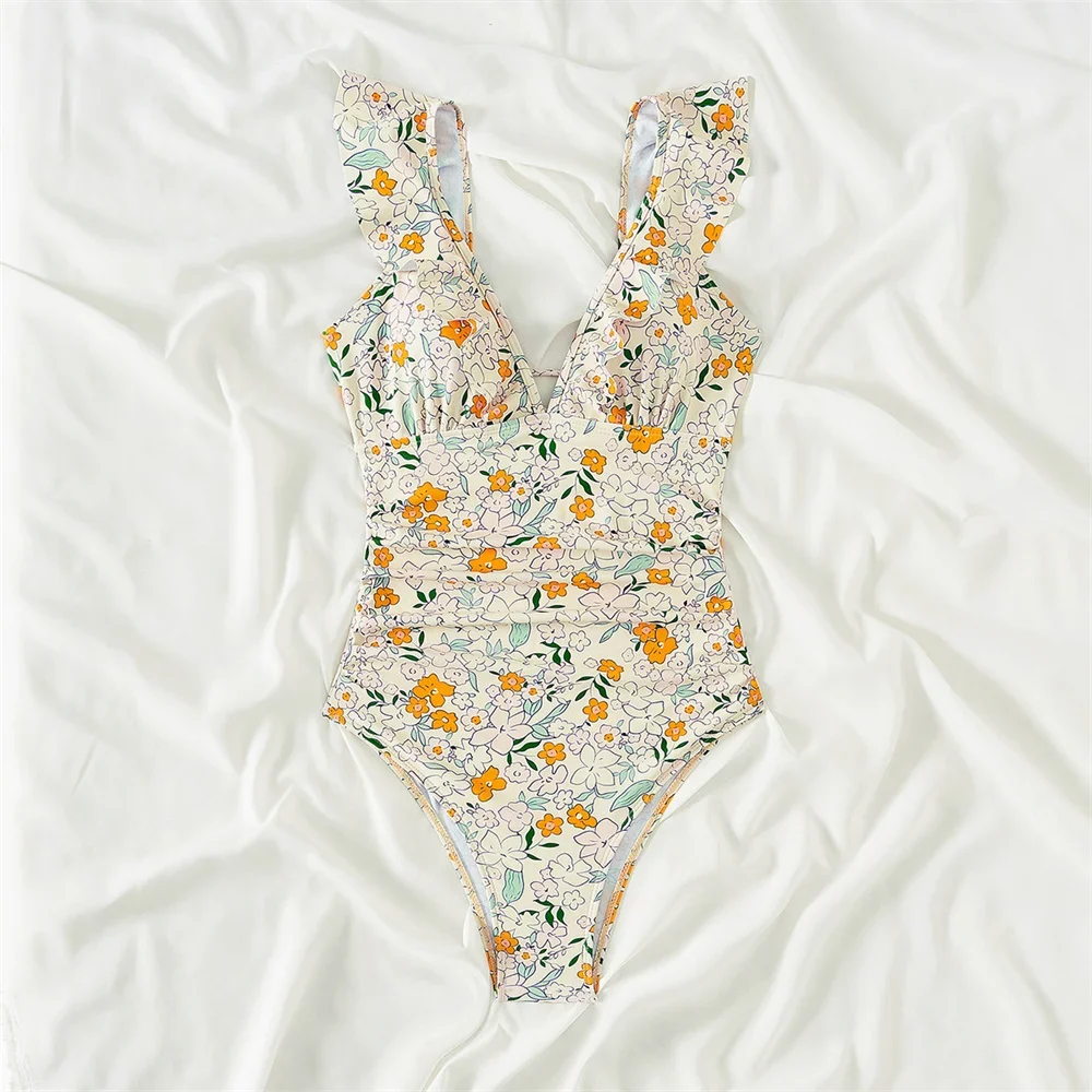 Chic Floral Bikini Ruffles Swimsuit High Waist Pleated Drawstring Hollow Out Vacation Swimwear Women Monokini Beach Bathing Suit