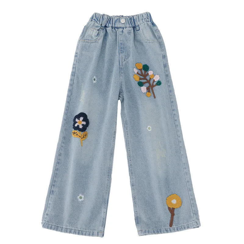 رائجة البيع الاطفال موضة الجينز الأزرق مع يزين لفتاة جديد أنيق الدينيم السراويل سليم صالح فضفاض الجينز بنطلون للمراهق 4-14