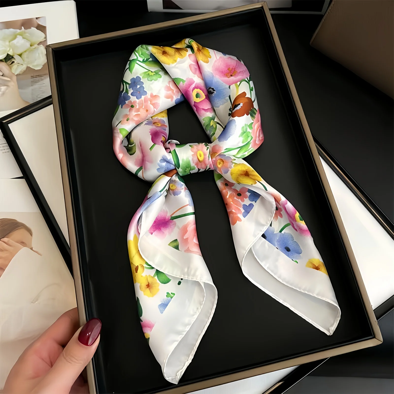 27.5" Elegant Floral Print Satin Square Scarf for Women Soft Lightweight Versatile Fashion Accessory Hair Scarf Neck Scarves
