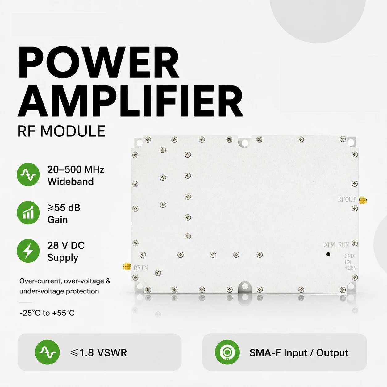 Amplifier Module Wideband 50W 100W 20-500MHz Board Module UAV System & Robot UAV Shielding Device Defense System Module