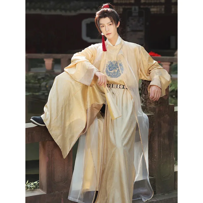 

Ancient Chinese Hanfu Costume Mens Top Skirt Belt Set Samurai Costume Robe Hanfu Martial Arts Dragon Printing Flying Fish Suit