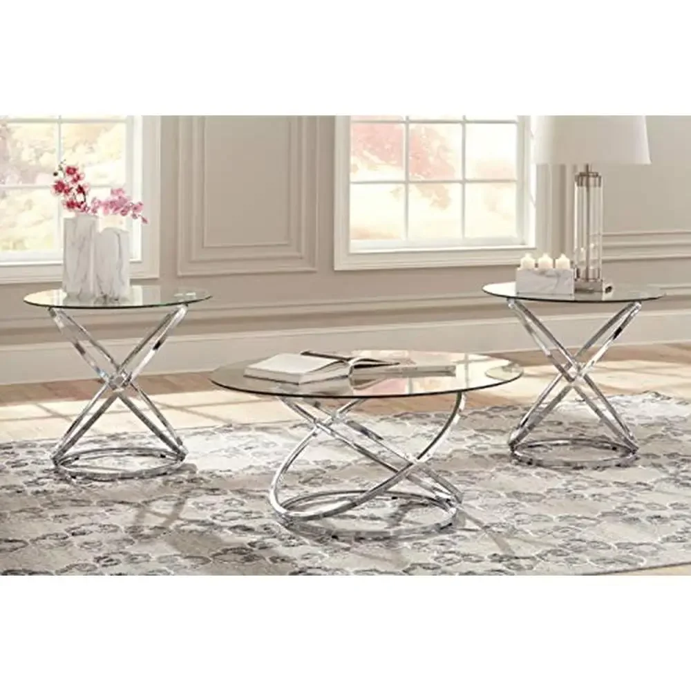 Contemporary Chrome Metal Glass 3-Piece Occasional Table Set Ring Design 38