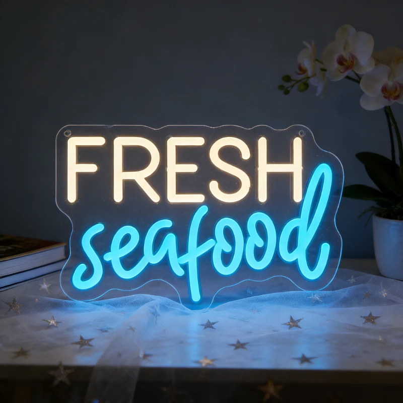 

Неоновая вывеска «Свежие морепродукты» со светодиодами, регулируемая, с питанием от USB, сине-желтая неоновая подсветка для ресторана, суши-бара, кухни, декора стен в морской тематике