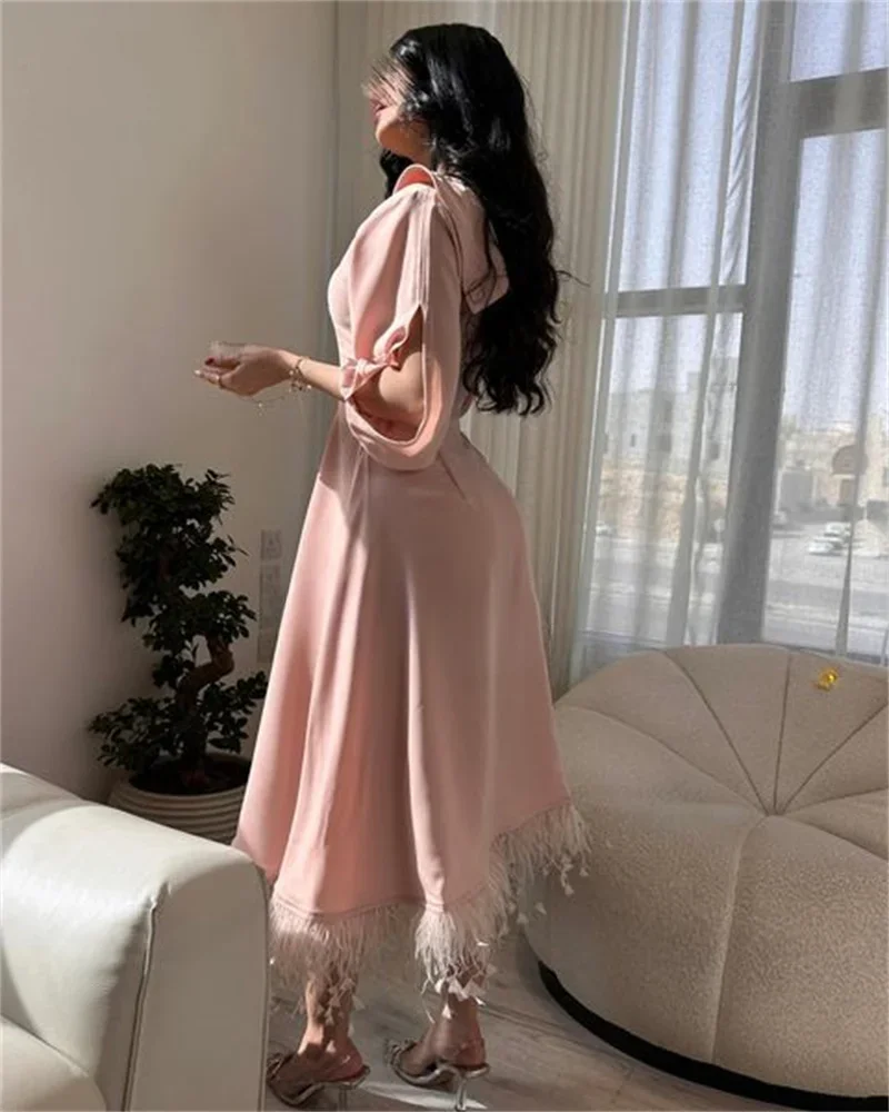 Prom Dresses  Saudi Arabia 2023 Occasion Gowns V Neckline Puff Sleeves Feathers Pink Satin Formal  فستان  vestido