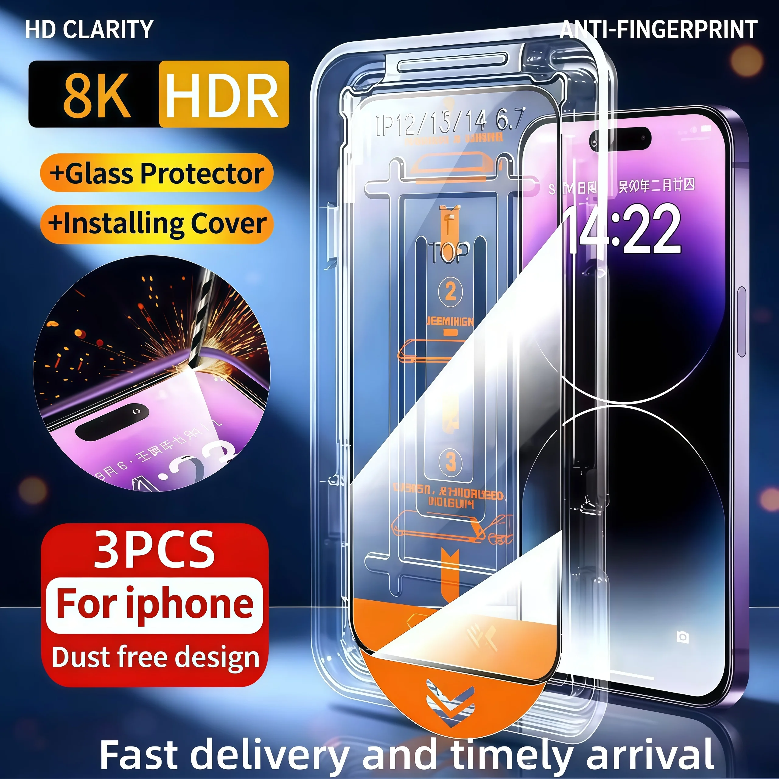 Kit com 3 Películas Protetoras de Tela Oleofóbicas Anti-Poeira de Fácil Instalação para iPhone 17, 16, 15, 14, 13, 12, 11 Pro Max, 17 Air, 15, 16 Plus (Vidro)