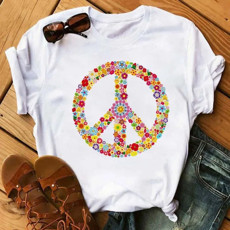 Peace Sign Printed Pattern Round Neck Short Sleeve T-shirt Women's Large Size Top Fashion Girl Round Neck Shirt Pro Choice