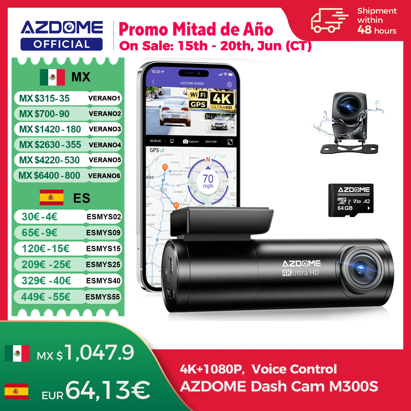 AZDOME M300S 4K Dash Cam Delantera y Trasera, Cámara de Salpicadero GPS WiFi ADAS incorporada para Coches, Tarjeta de 64 GB Gratuita, Control de Voz, Visio Nocturno