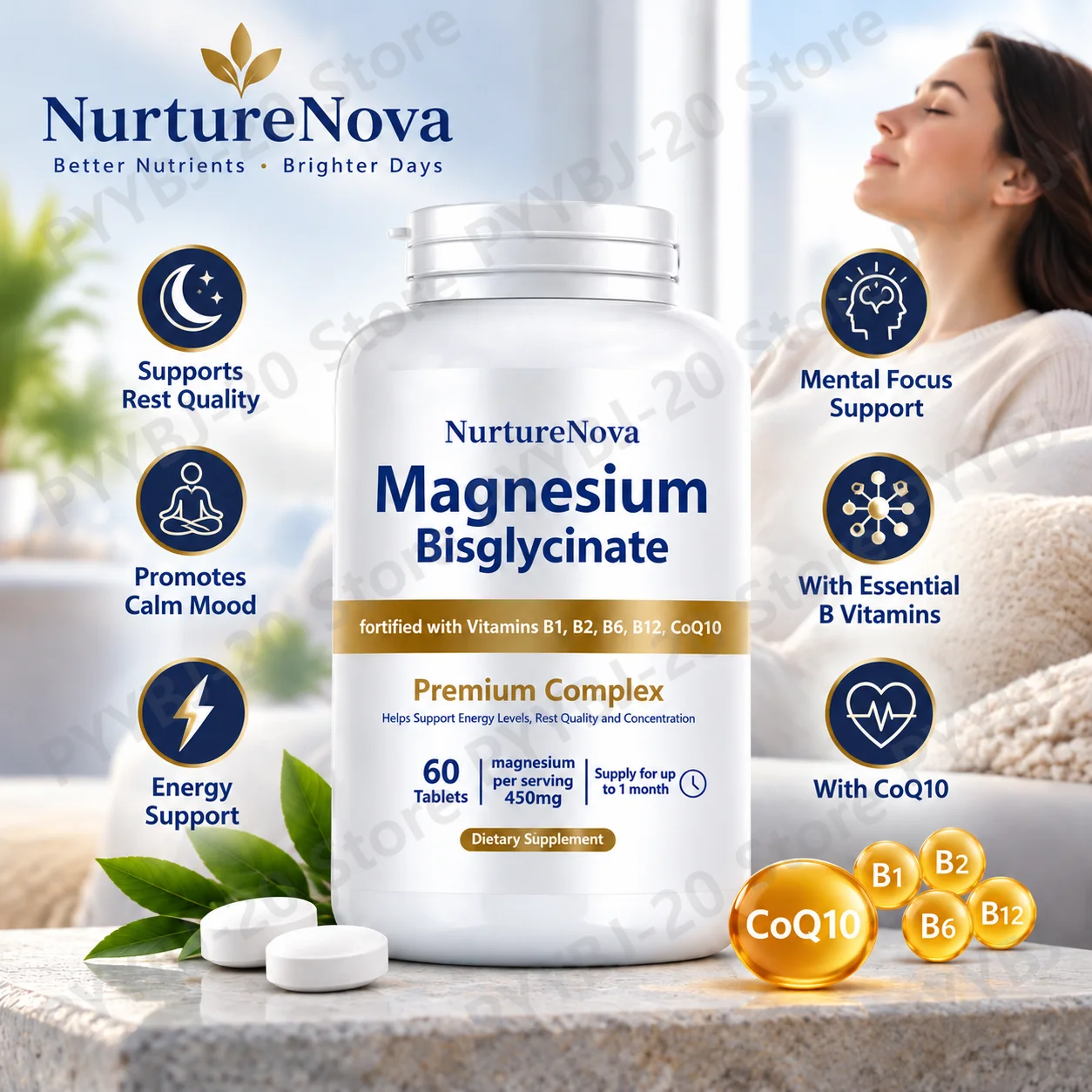 Magnesium Bisglycinate Tablets Rest Quality Calm Mood Energy Support Mental Focus Support with Vitamin B1 B2 B6 B12 CoQ10 60ct