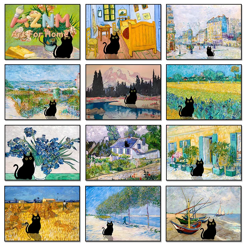 1pc frameless Canvas Painting Funny Black Cat Flower Garden Flower Field Poster Print Canvas Painting Cute Animal Van Gogh Wall