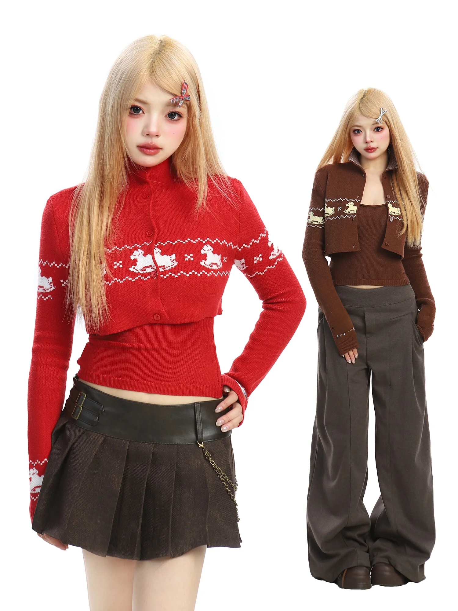 

BearGirl New Year Fair Isle Red Sweater Women's Autumn Winter Waist-Cinching Slimming Open Cardigan Csole Layering Two-Pie...