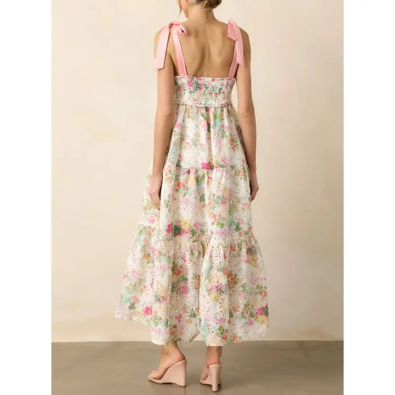 Combhasaki Donna Estate Spalline larghe Stampa floreale Cravatta con volant Scollo a V Smocked Patchwork Swing Flowy A-line Abito lungo dal carro armato