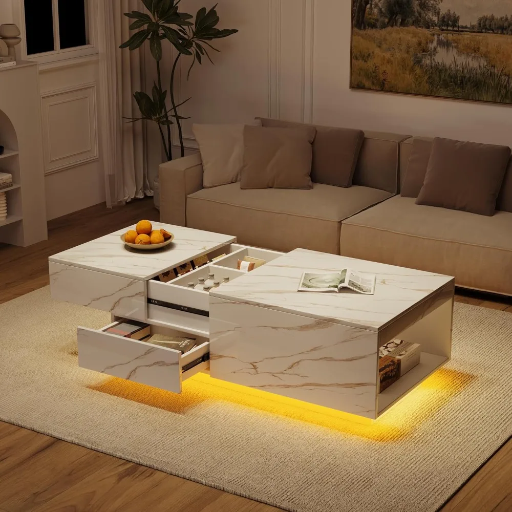 LED Coffee Table, 43" UV High Gloss Modern Center Table with 2 Drawers & Hidden Storage Compartment & Open Compartments, Extenda