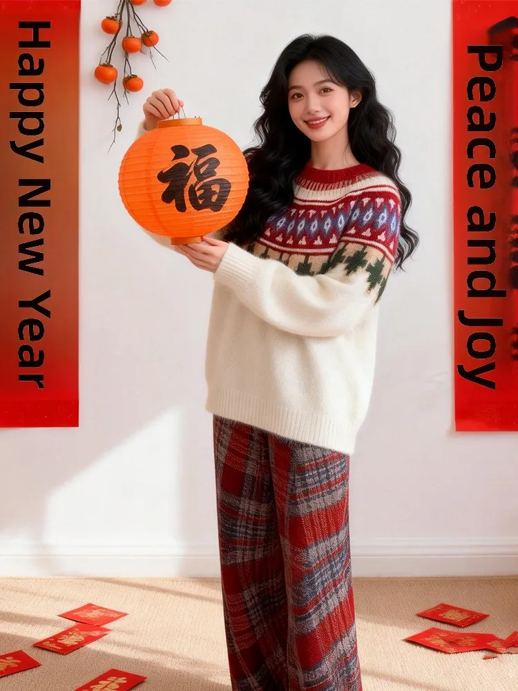 

Корейский повседневный женский зимний свободный вязаный свитер с цветочным узором, удобный, модный, универсальный, визуально стройнящий силуэт.