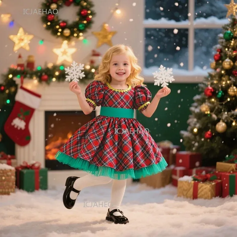 

Christmas Holidays Girls Dress Big BowGown Birthday Celebration Outfit Elves Kids Plaid Pattern Tulle Red Green Spliced Party