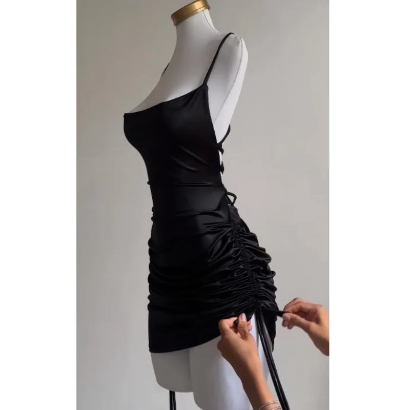 Sexy Lace Up Bodycon Satin Mini Dresses Women Sleeveless Backless Elegant Party Club Dress Streetwear Evening Vestido Black Robe