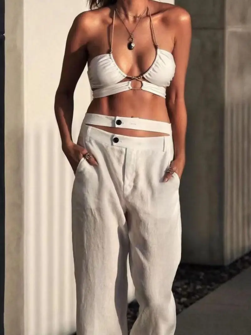 ผู้หญิงตรงกางเกงขากว้างลูกไม้ขึ้นเอวสีทึบสบายๆหญิงผ้าลินินกางเกงขายาว