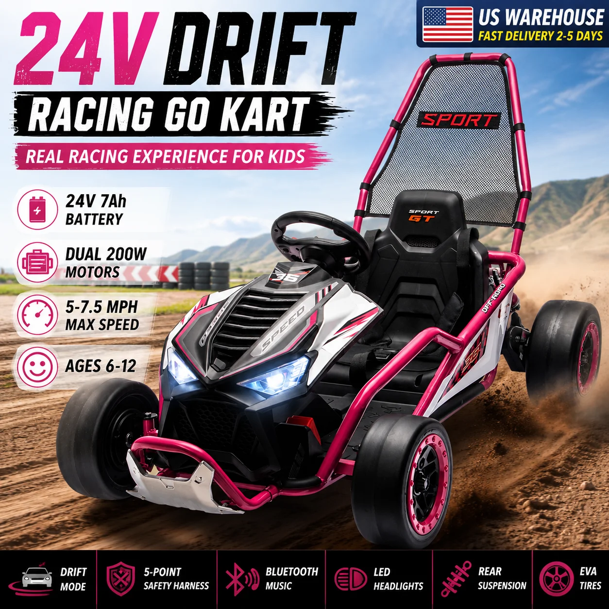 

24V Kids Drift Go Kart Ride On Car with Dual 200W Motors, LED Lights, Bluetooth Music, Safety Harness, Ages 6-12, US Warehouse