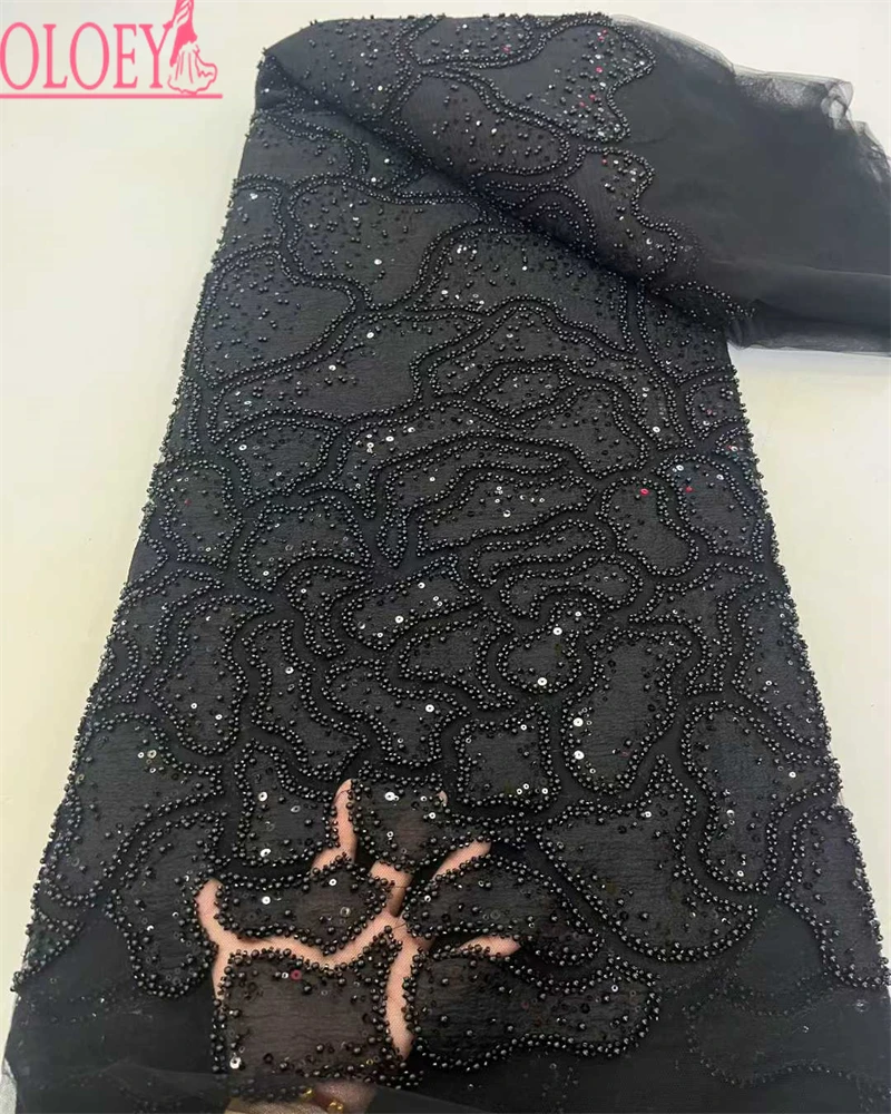 Nigerian High Quality Luxury Sequins Embroidery Lace Fabric French Handmade Tulle Beaded Lace Fabric For Women Wedding Dresses