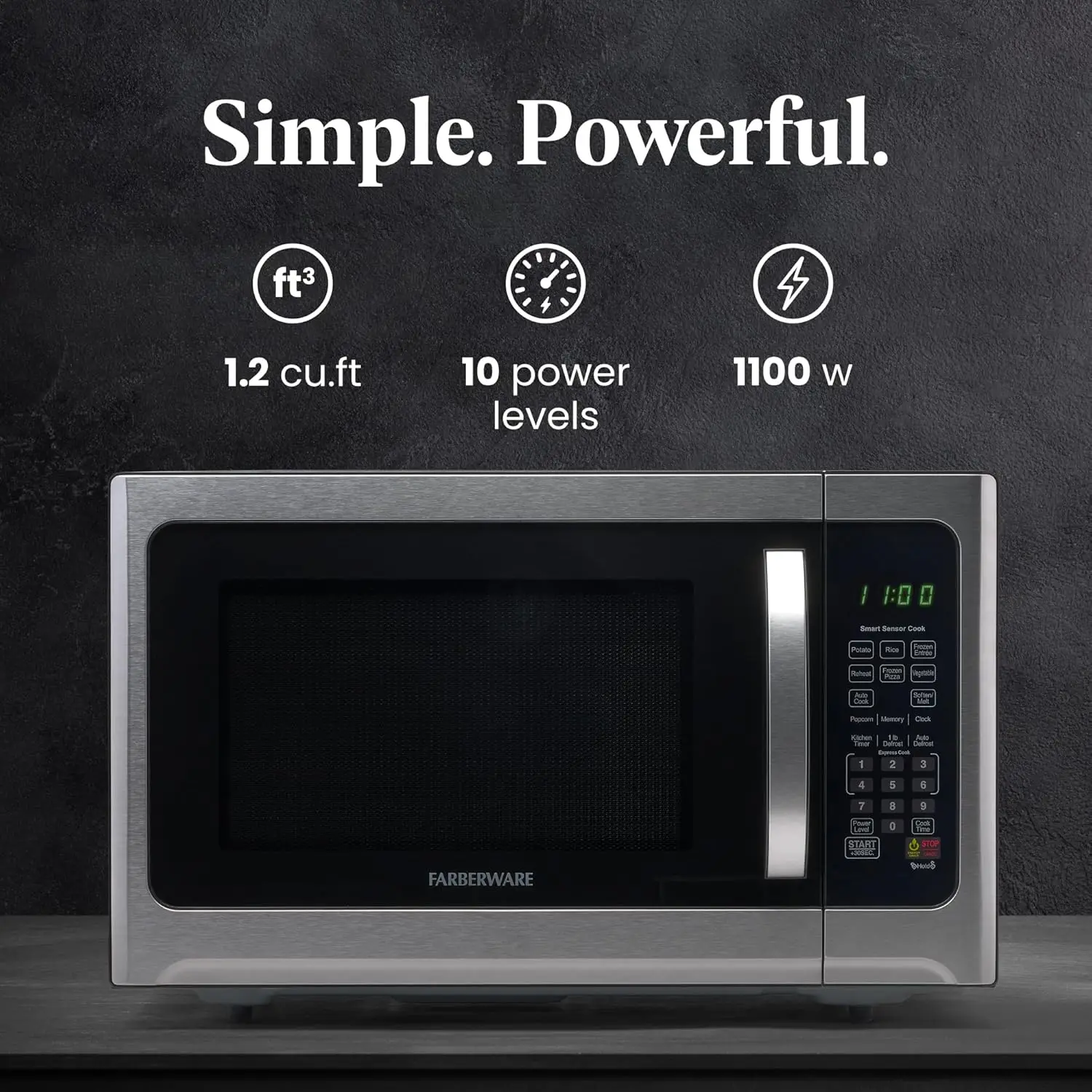 Countertop Microwave 1100 Watts, 1.2 cu ft - Smart Sensor Microwave Oven With LED Lighting and Child Lock Perfect for Apartments