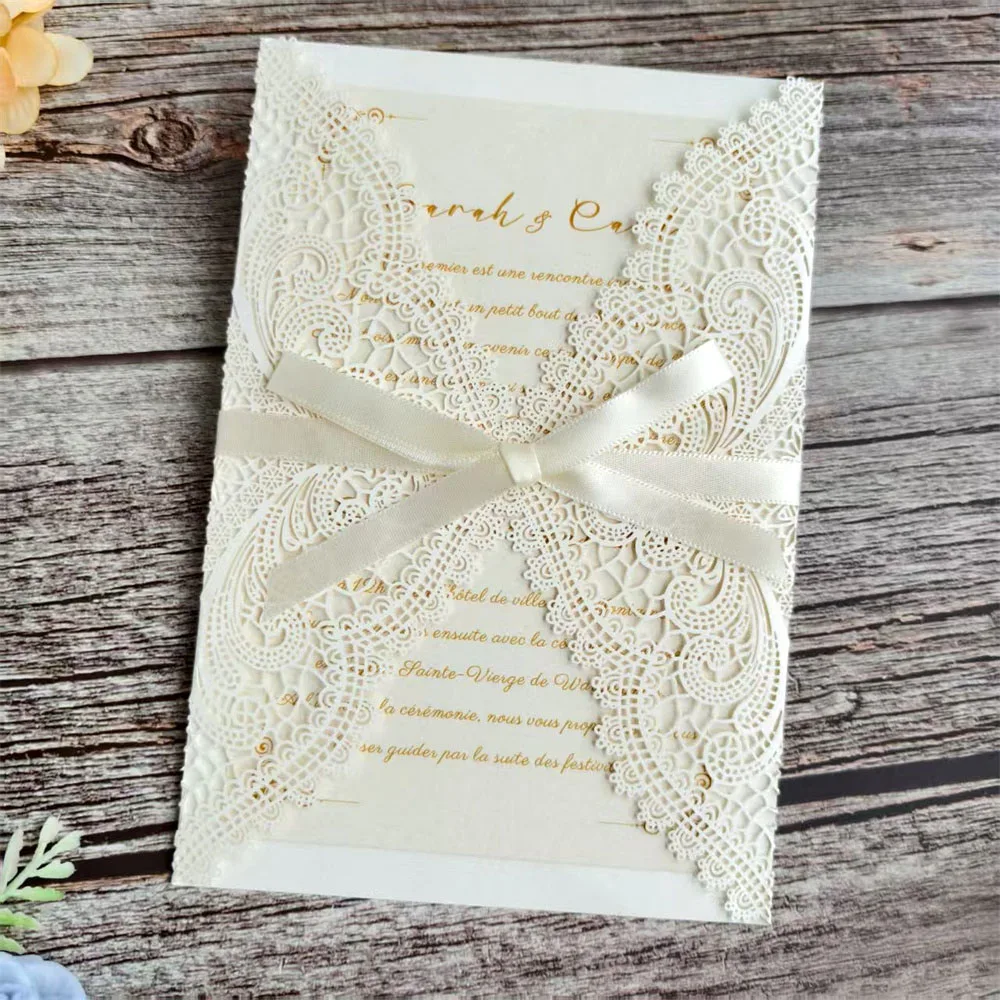 

Vintage Laser Cut Invitation Card with Insert Envelope Pre-tied Bow, Custom Printing 50 Sets
