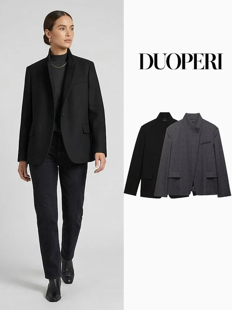 

DUOPERI Women Fashion Solid Single Button Blazer Vintage Long Sleeves Half High Collar Female Chic Lady Outfits