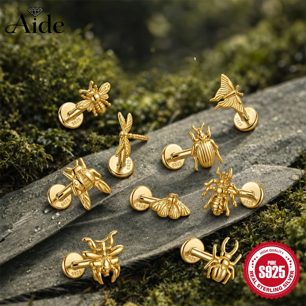 AIDE 925 Sterling Silver Smooth Insect Series Women's Dragonfly Beetle Moth Bee Earring Cartilage Helix Piercing Fine Jewelry