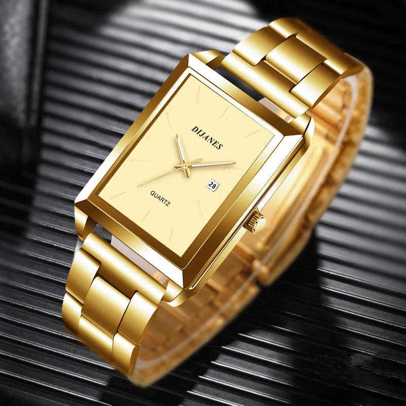 Men's Fashion Watches for Men Rectangle Stainless Steel Quartz Wrist Watch Luminous Man Casual Leather Watch relogio masculino