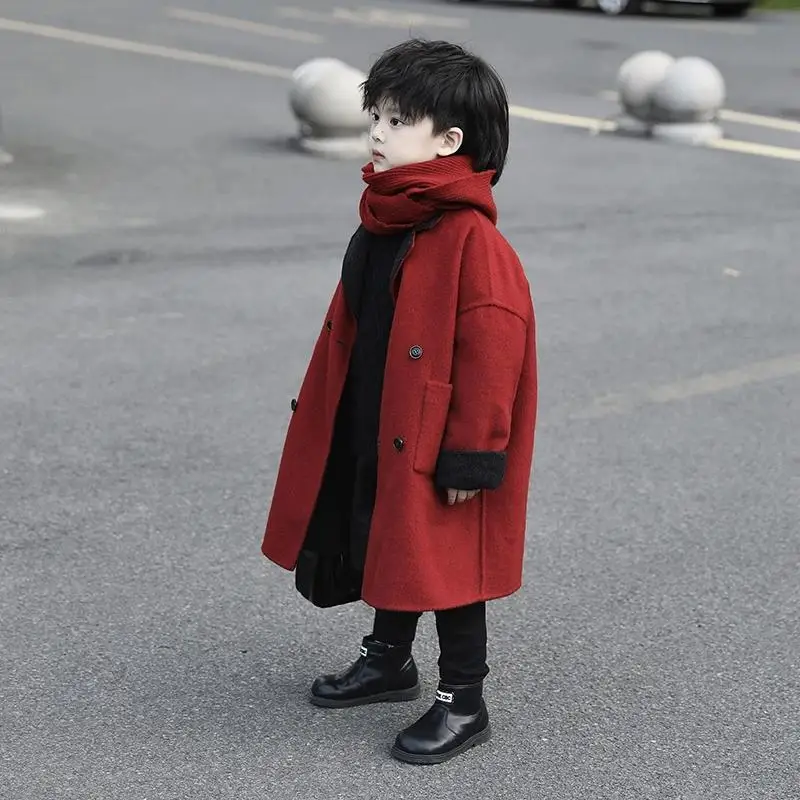 

Boys' Wool Coat Autumn Winter 2025 New Style Reversible Big Kids Red New Year Outfit Thickened Blazer