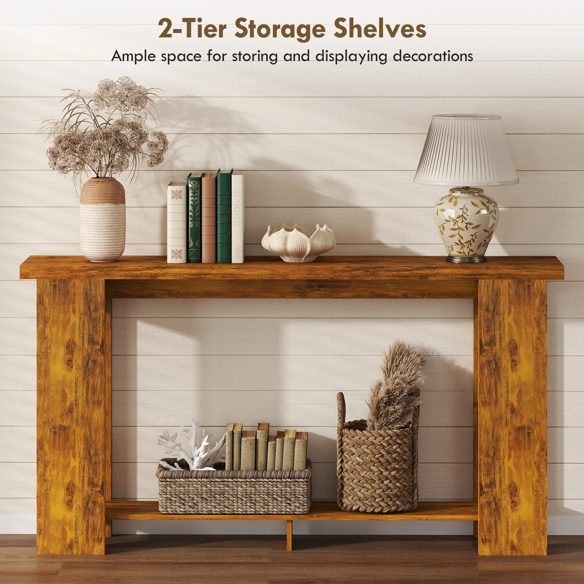 Wooden Entryway Table, Long Narrow Console Table with Storage Shelf, Farmhouse, Thick Tabletop, Behind the Couch, Easy Assembly, 63" x 11.8" x 33.5", for Hallway, Living Room, Distressed Brown view 6