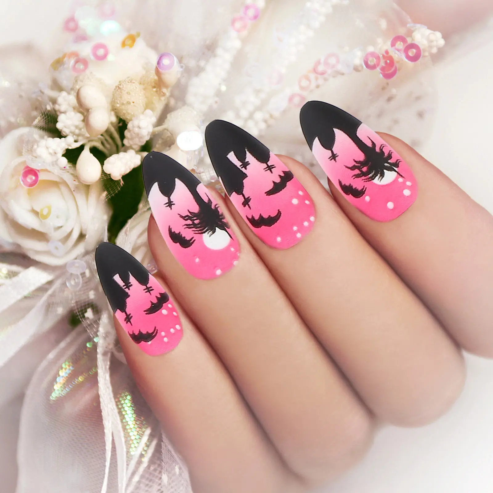 48Pcs Women False Nails Full Cover Artificial Nails Ultra Thin Lightweight Strong Not Easy to Break Halloween Wedding Party