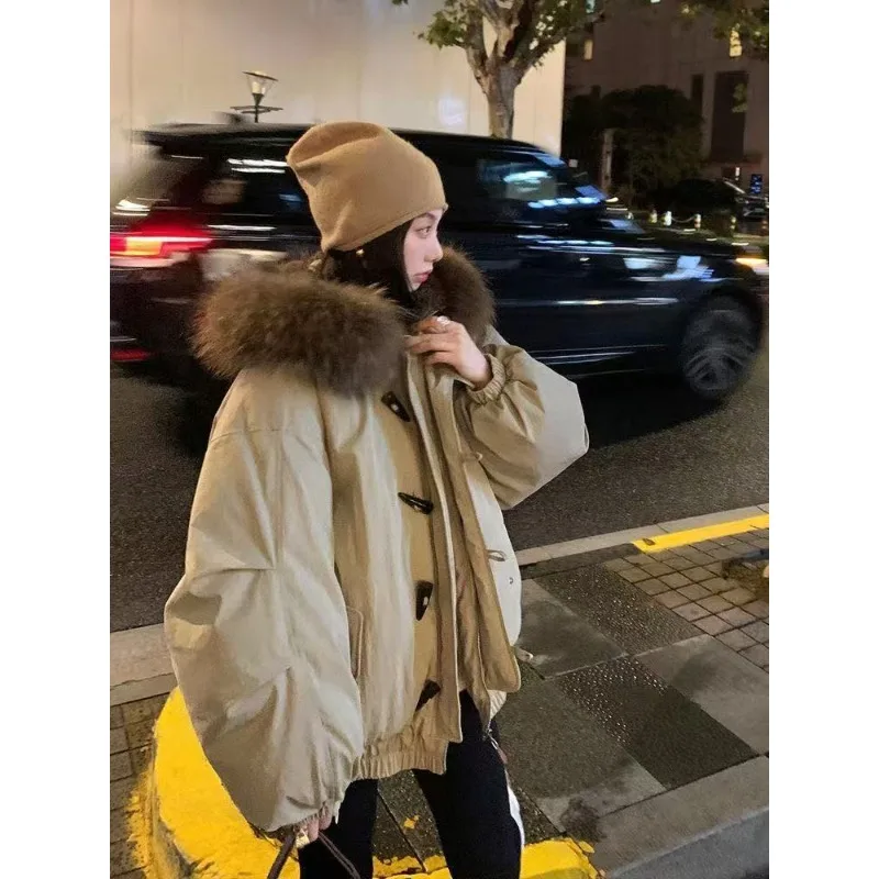 YYAHAS 2025 شتاء جديد بقرة القرن زر سميكة القطن معطف الرجعية الأمريكية الدافئة الفراء طوق مقنعين سترة الملابس النسائية