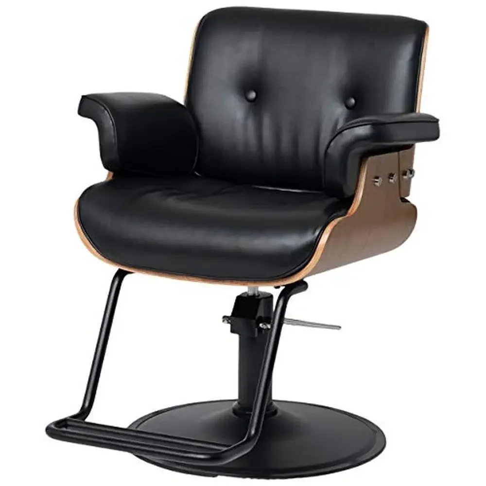 Sleek Black Salon Styling Chair with Inclined Back Premium Vinyl Hydraulic Pump Wide Base Plate Durable Design Comfortable Arms