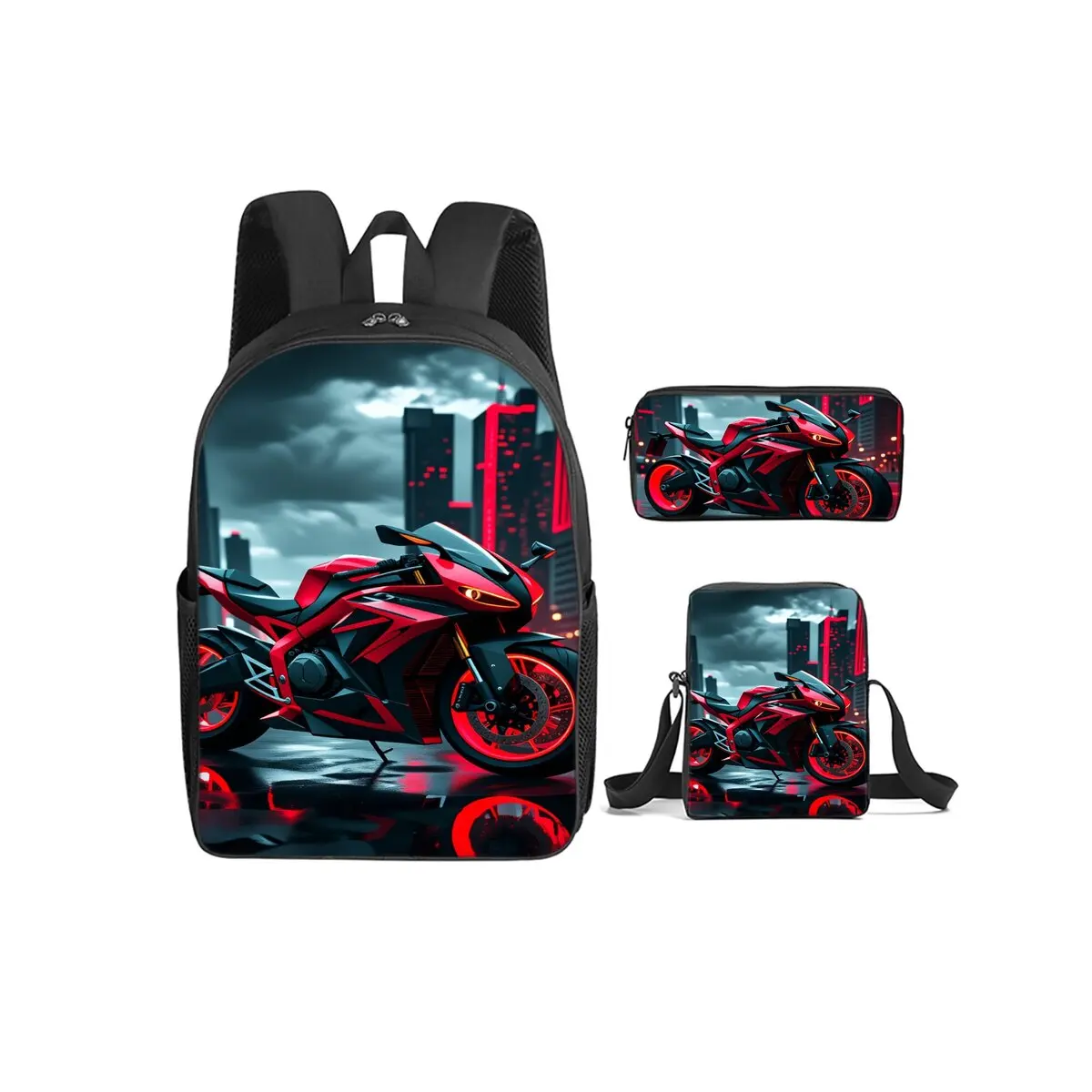 

Motorcycle Print 3Pcs/Set Backpack with Messenger Bags ,Pencil Bags for Boy/Girls Best Gift Cartoon Student School Bags