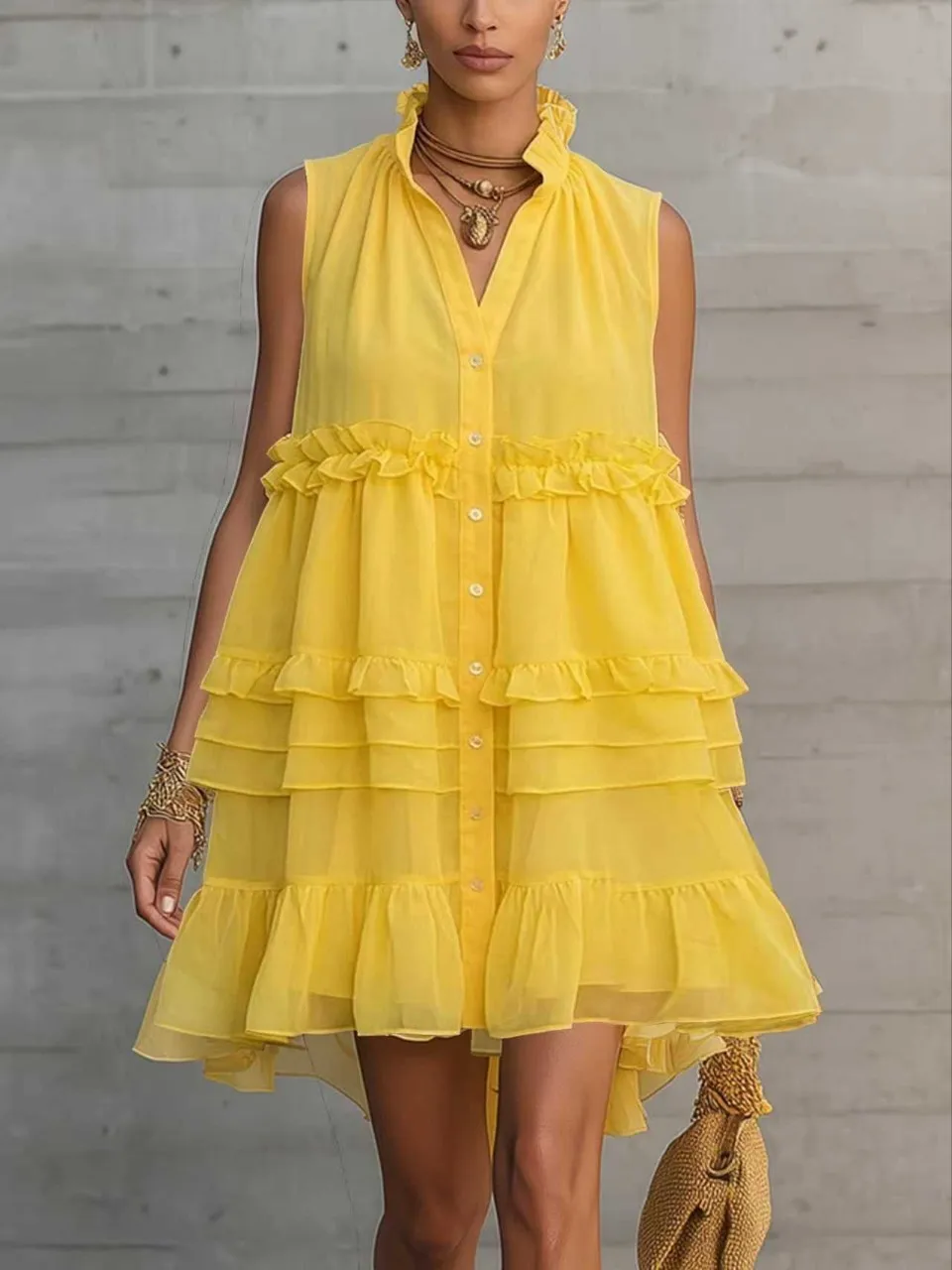 Women Sleeveless Chiffon Mini Dress Ruffle Stand Collar Button Tiered Ruffle Hem Loose Dresses Summer Vacation Casual Sundress