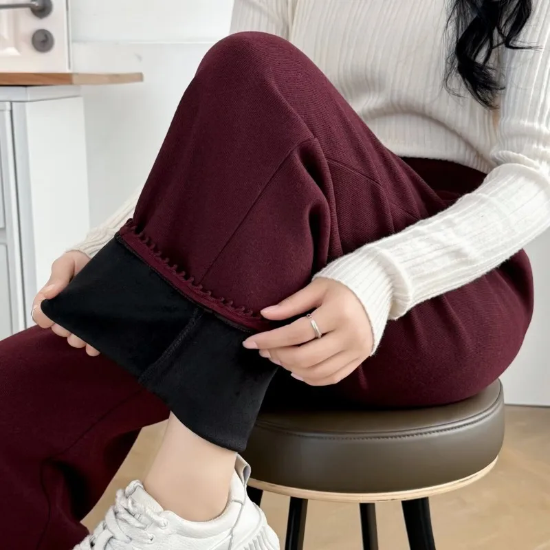 

4XL модная женская одежда больших размеров, прямые брюки, зимние теплые флисовые утолщенные шерстяные брюки до щиколотки со снежинками 2511