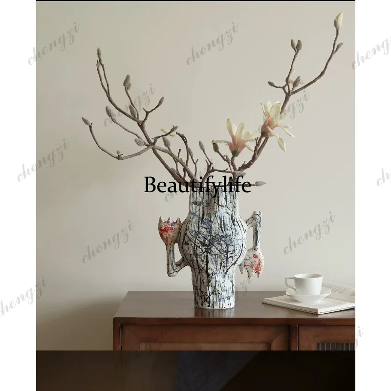 Wabi Sand Wind Design Ceramic Hand Painted Art Vase Ornament Desktop Water Cultivator