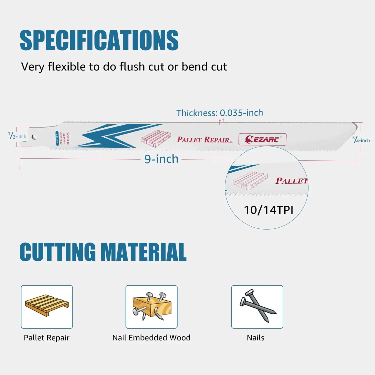 EZARC Reciprocating Saw Blades Set Bi-Metal with Cobalt for Nail Embedded Wood, Pallet Repair, Multi-Purpose Demolition 10/14TPI