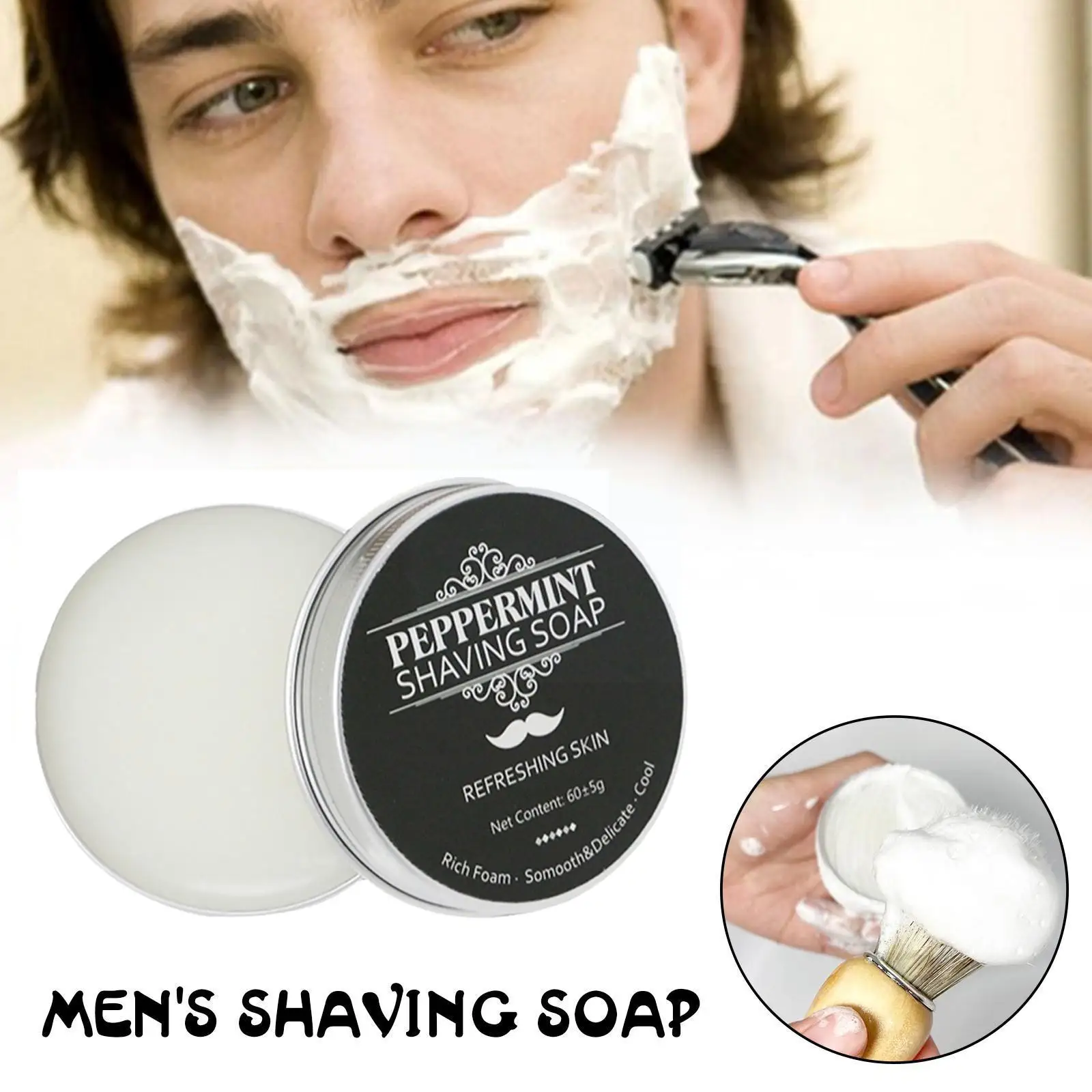 60g Mint Scent Men's Shaving Soap, Creates Rich Lather All Handmade Moisturizing Aluminum Form, Boxed Soap Gentle Natural S B5O4