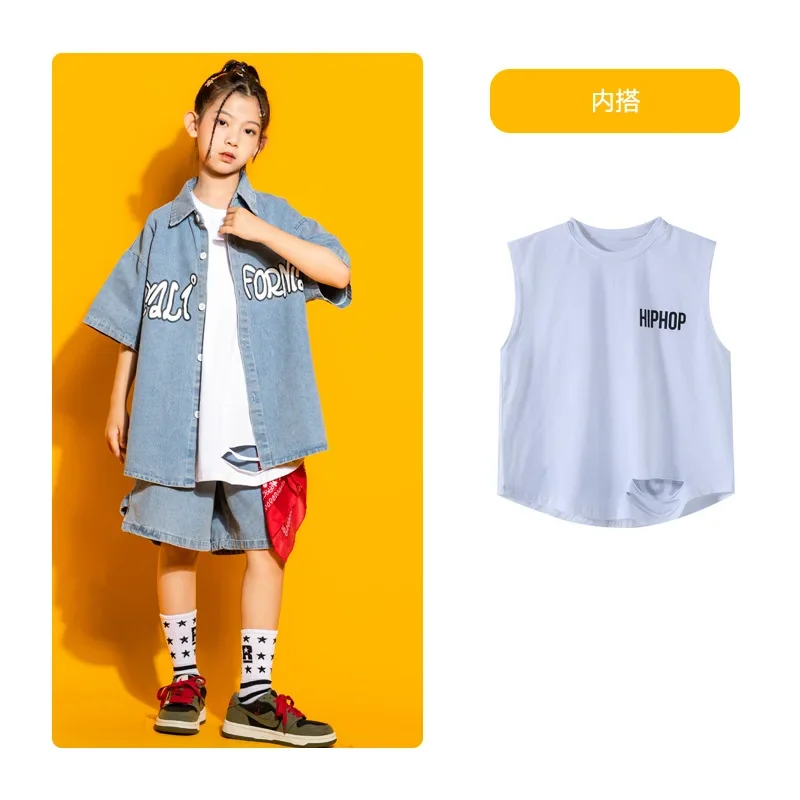 Kids Hip Hop Dancing Clothes for Girls Boys Jazz Dancewear Street Dance Wear Ballroom Costumes Fashion Denim Jeans Shirt Shorts