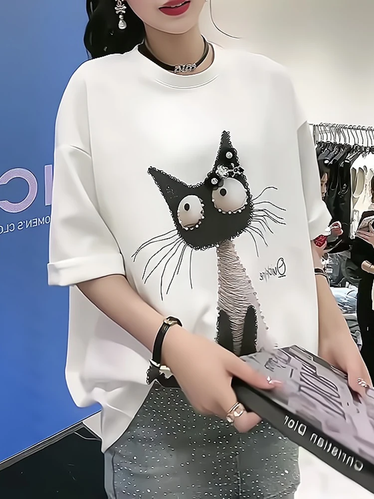 

Summer 2025 round Ne ort Sve Cartoon Pattern Casual Women's Overhead T-irt Sli And Versatile for All Body pes