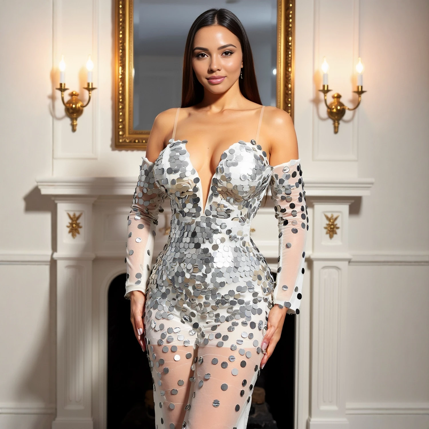 ชุดเดรสออกงานผู้หญิง ฤดูใบไม้ร่วง ฤดูหนาว 2025 เซ็กซี่ ประดับเลื่อม ผ้าตาข่ายซีทรู คอวีแบบหวาน ทรงเข้ารูป เหมาะสำหรับออกเดทและงานกลางคืน