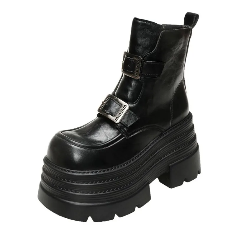 

Женские ботинки, новые зимние мотоциклетные ботинки, кожаные туфли на танкетке 10 см, на высокой платформе, женские осенние ботинки в стиле панк на толстой подошве