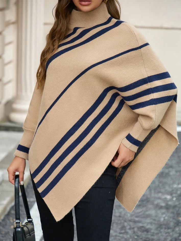 Women's sweater with irregular stripes, half high neck, bat sleeves, pullover, knitted sweater, fashionable shawl, cloak